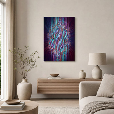 Tableau abstrait à rubans bleu sarcelle et violets lumineux
