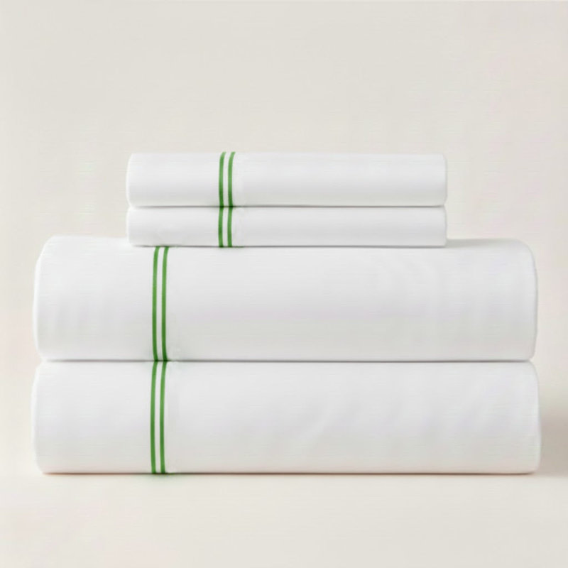 500TC Cotton Double Embroidery Sateen Solid Cotton 4 Piece Sheet Set Fitted Sheet Fits Upto 16" Deep Pocket, Green Border