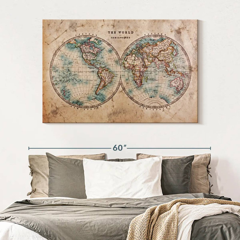 «Vintage Map Hemisphere Map», reproduction sur toile, H 34 po x l 51 po x P 1,25 po