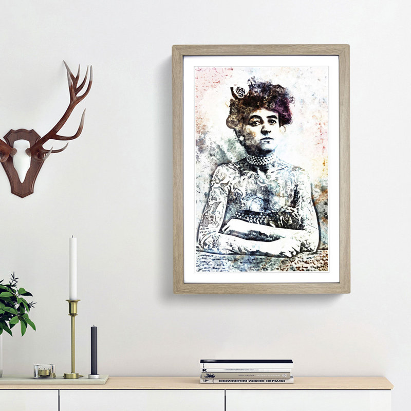 Tattooed Lady in Abstract - Framed Print, 87cm H x 62cm W x 2cm D, Oak Framed