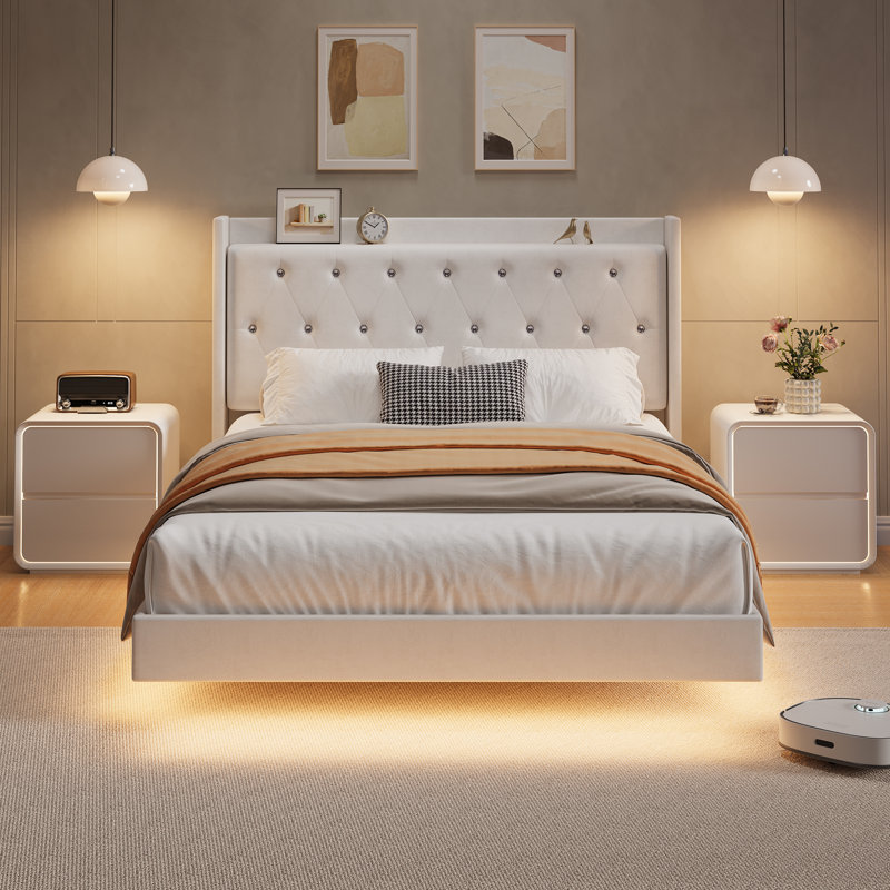 Cadre de lit avec lumières DEL, tête de lit tapissier, tablettes de rangement, lattes en métal robustes, aucun sommier tapissier, silencieux, assemblage facile, noir