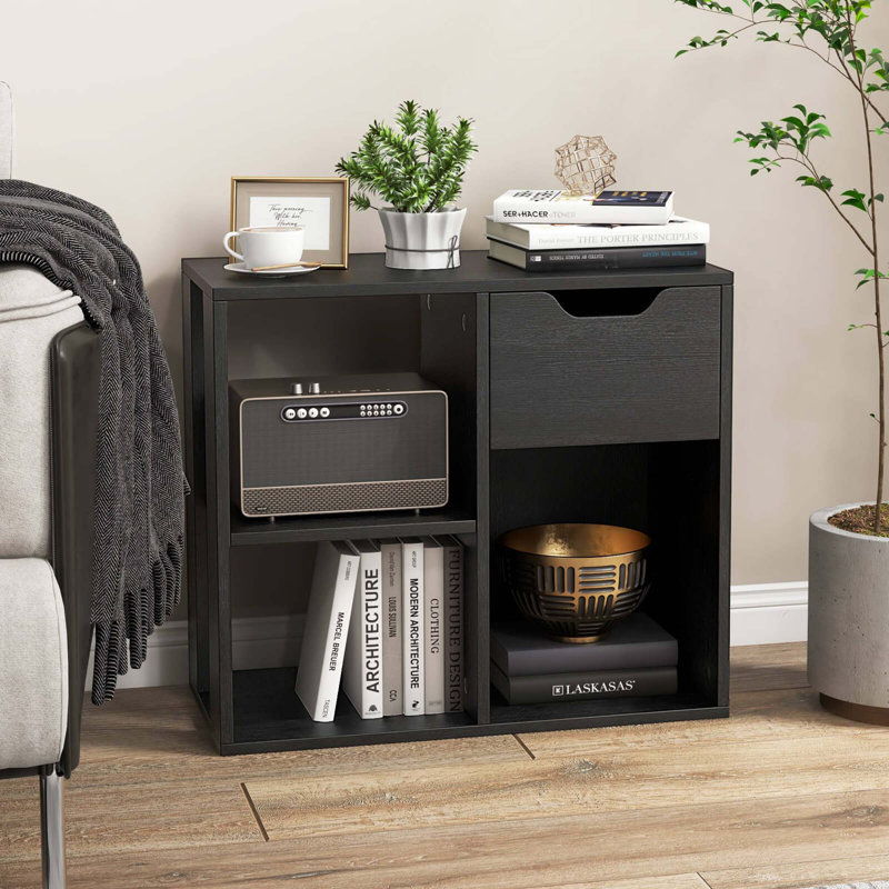 1 Pcs 3-cube Bookcase Organizer With 2-tier Wooden Storage Shelf & Pull-out Drawer