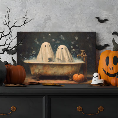 Tableau sur toile encadré (1 pièce), impression sur toile, style Halloween vintage, représentant un fantôme dans une baignoire. Parfait pour le salon, la chambre à coucher, le bureau, la salle de bain, une chambre d'étudiant ou toute autre pièce de la maison. Prêt à accrocher.