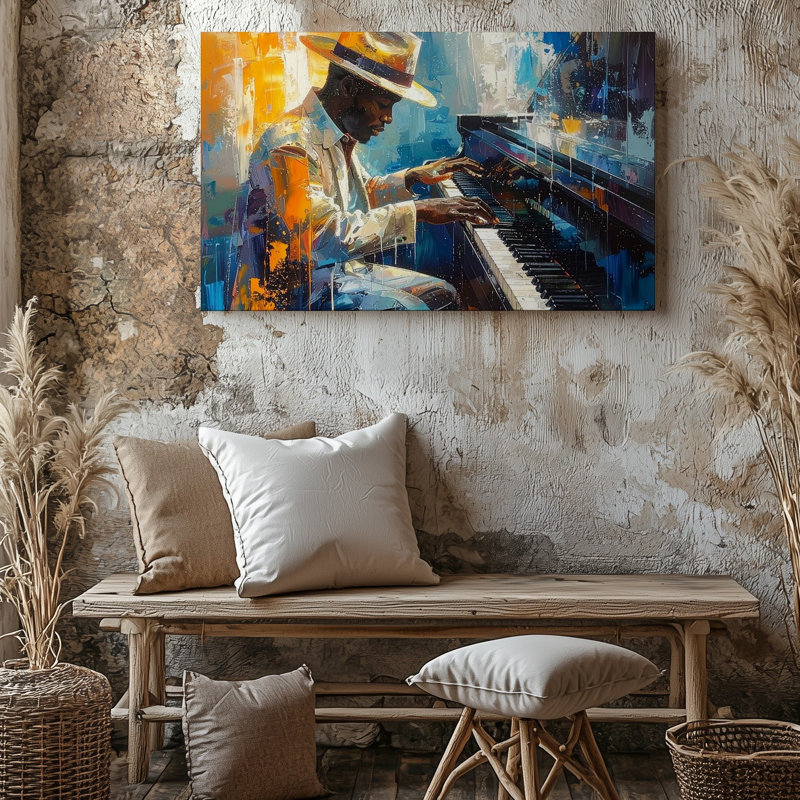Toile, art mural Jazz Piano, toile abstraite, musicien dans un studio vibrant, H 20 po x l 20 po