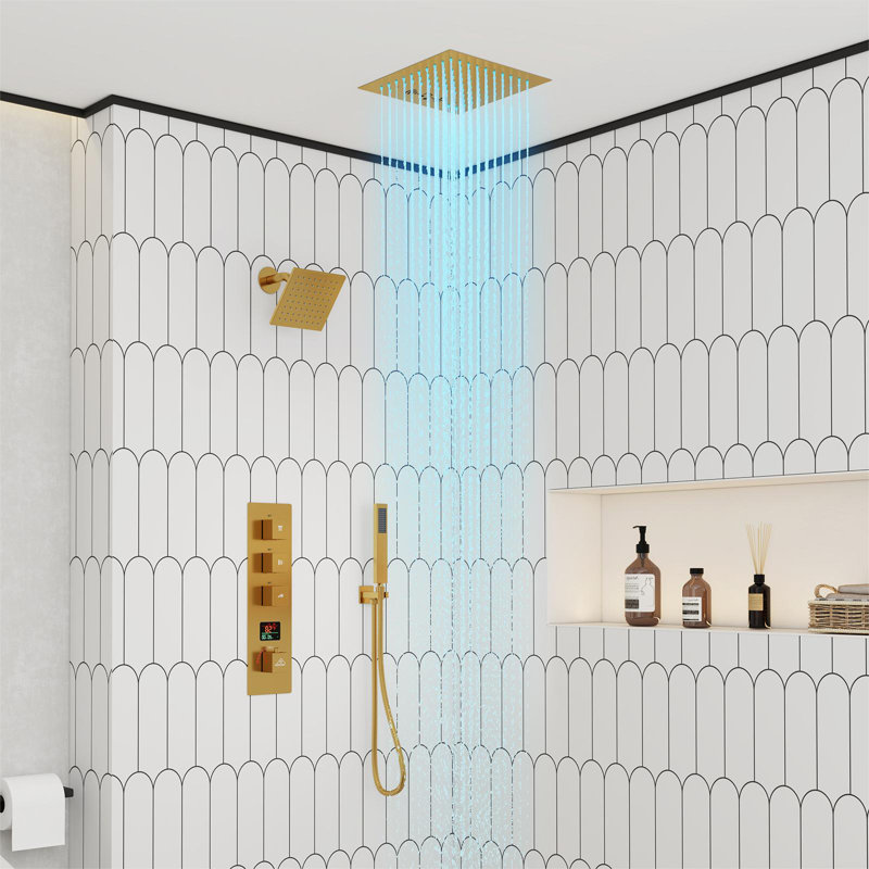 Rainfall Symphony 12" Flush Mount Rainfall Temperature Display Thermostatic Shower System with 64 Color LED and Music
