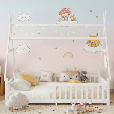 Full Size Kids House Bed With Roof & Guardrails, Low Floor Montessori Bed Frame With Fence & Decorative Light, Wood Platform Bed (White)