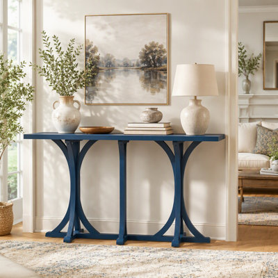 Console de 59,8 po en bois avec plateau en placage de chêne, table d'entrée de ferme avec pieds courbés minces en bois d'hévéa, parfaite pour le salon, le vestibule, le couloir et les espaces de salle à manger.
