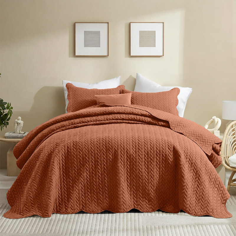 Microfiber Embossed Oversized Modern & Contemporary Bedspread Set With Shams, Rust, Twin Bedspread + 1 Pillowcase