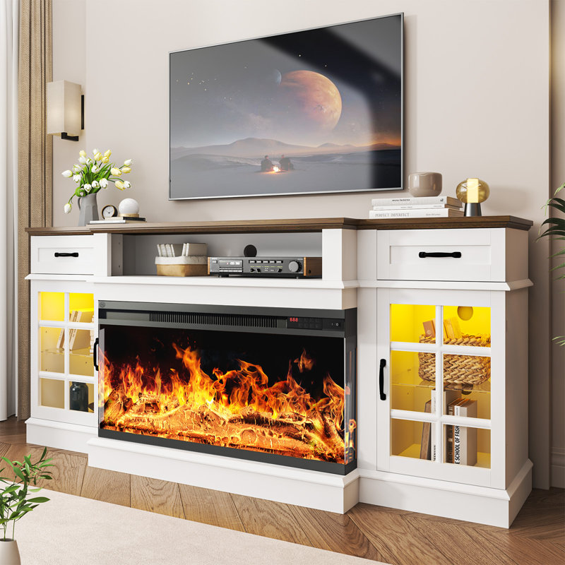 Meuble télé 70 po avec foyer électrique en verre à 3 côtés, meuble télé Farmhouse