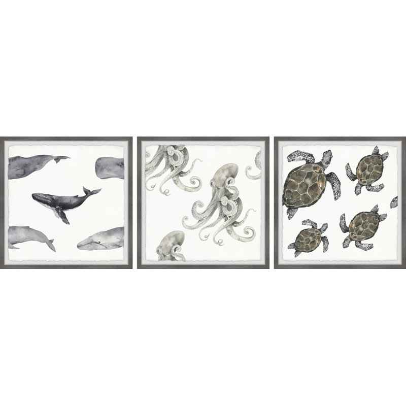 Todmorden Whales And Octopus by Marmont Hill - 3 Piece Single Picture Frame Painting Set, 81cm H x 81cm W x 3.81cm D