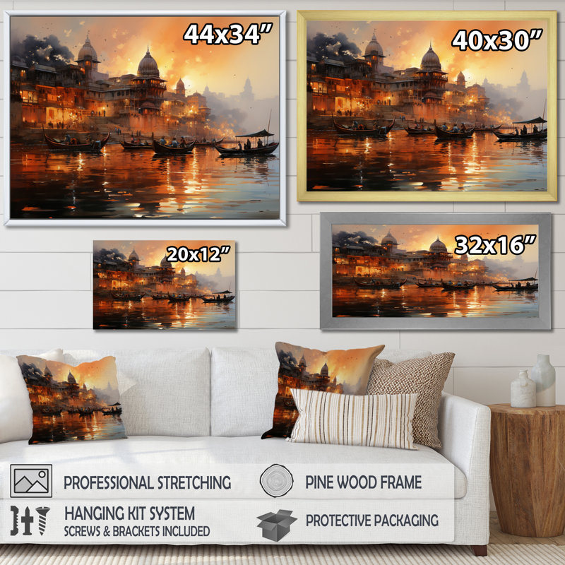 Indian Art Sunset At - Art mural indien, H 34 po x l 44 po x P 1,5 po, Cadre flottant en érable