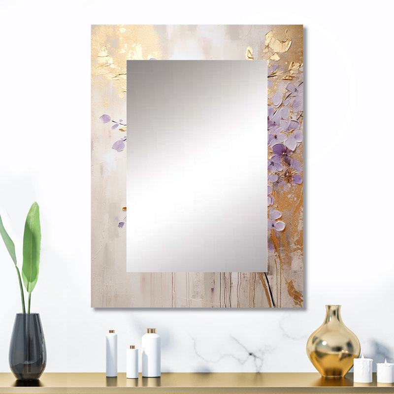 Mauve et or orné de violettes Meadow IV - décor de miroir mural unique de Violettes, grand miroir traditionnel, impression d'art en métal