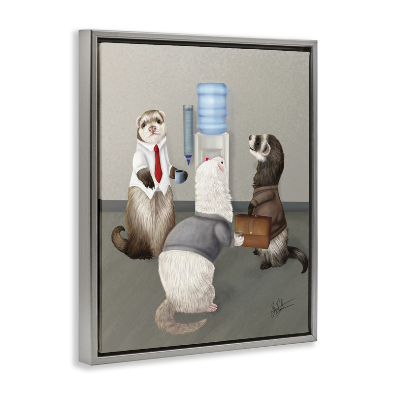 "Office Ferrets Water Cooler Brown", encadrée par Floater, Cadre flottant gris lustré, H 21 po x l 17 po