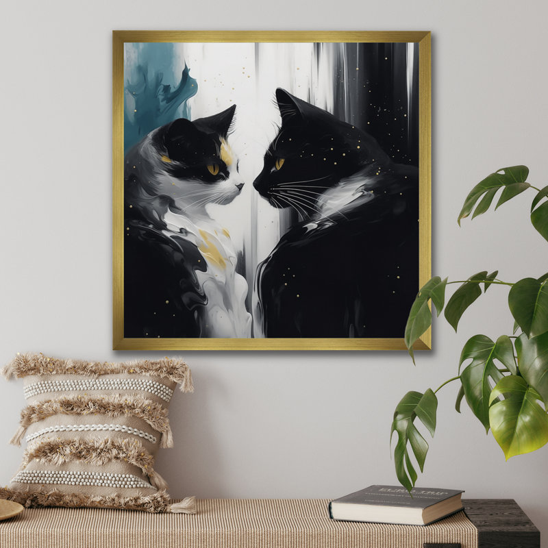 White And Black Captivating Cats I " White and Black Captivating Cats I " Print, 36" H x 36" W x 1.5" D, Gold Picture Framed