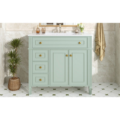 Meuble-lavabo 36 po avec lavabo, armoire en bois massif vert avec tiroir rabattable, 3 tiroirs et 2 portes à fermeture en douceur, poignées dorées et design moderne, deux ensembles