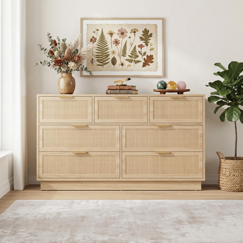Rattan 7 Drawer Dresser, 55in Wide 7 Chest of Drawers with Metal Handles and Wooden Sturdy Base for Bedroom Living Room Nursery
