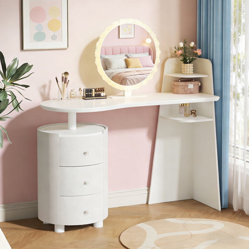 Coiffeuse avec miroir rond à DEL 3 couleurs, armoire de rangement cylindrique rotative à 3 niveaux, meuble-lavabo de luxe léger, assemblage facile