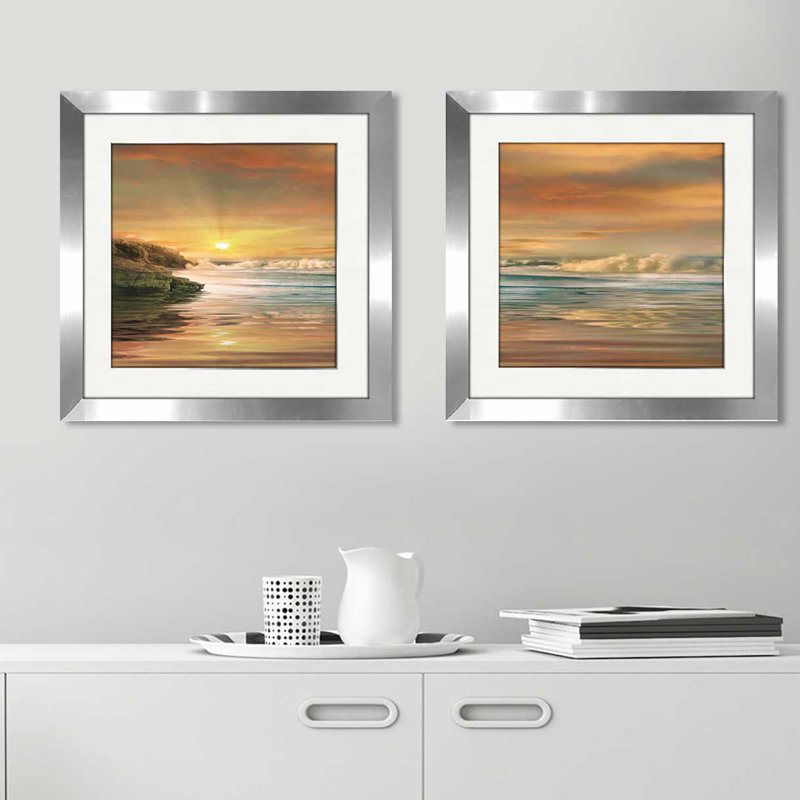 « soleil », ensemble de 2 reproductions de peintures à l’acrylique encadrées, H 16,5 po x l 33 po x P 1 po, Blanc mat
