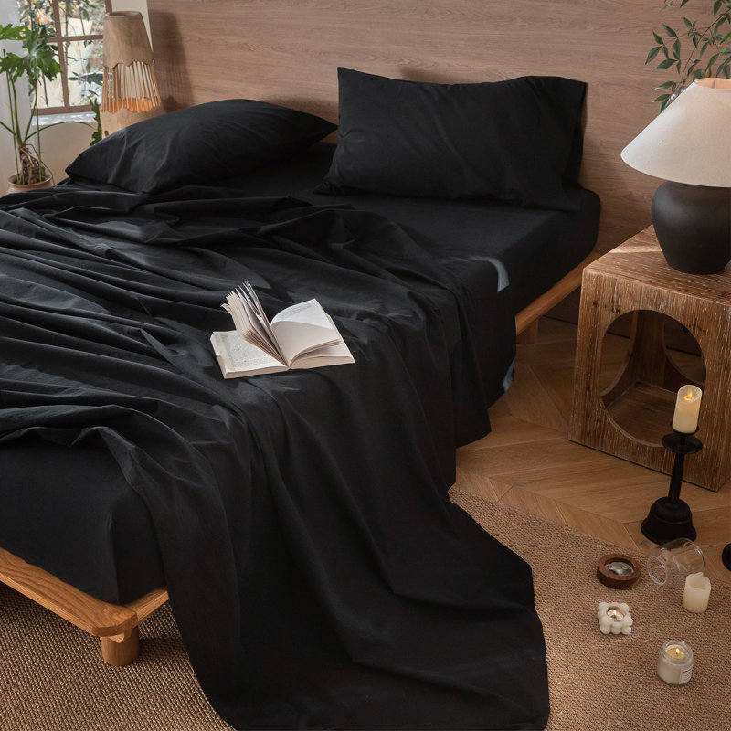Drap plat 100% coton lavé MooMee, Drap plat grand, Noir, noir, noir, noir