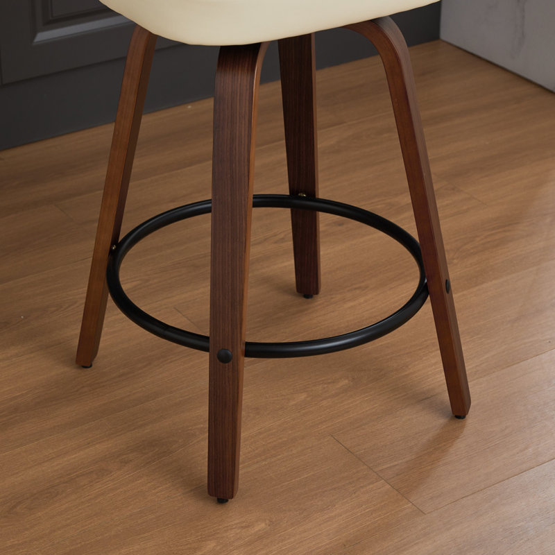 (Set Of 3)26" W Swivel Sturdy Wood Frame With Thick Upholstered And Pu Leather Bar Stools, With Rattan Lowback And Footstool Barstools