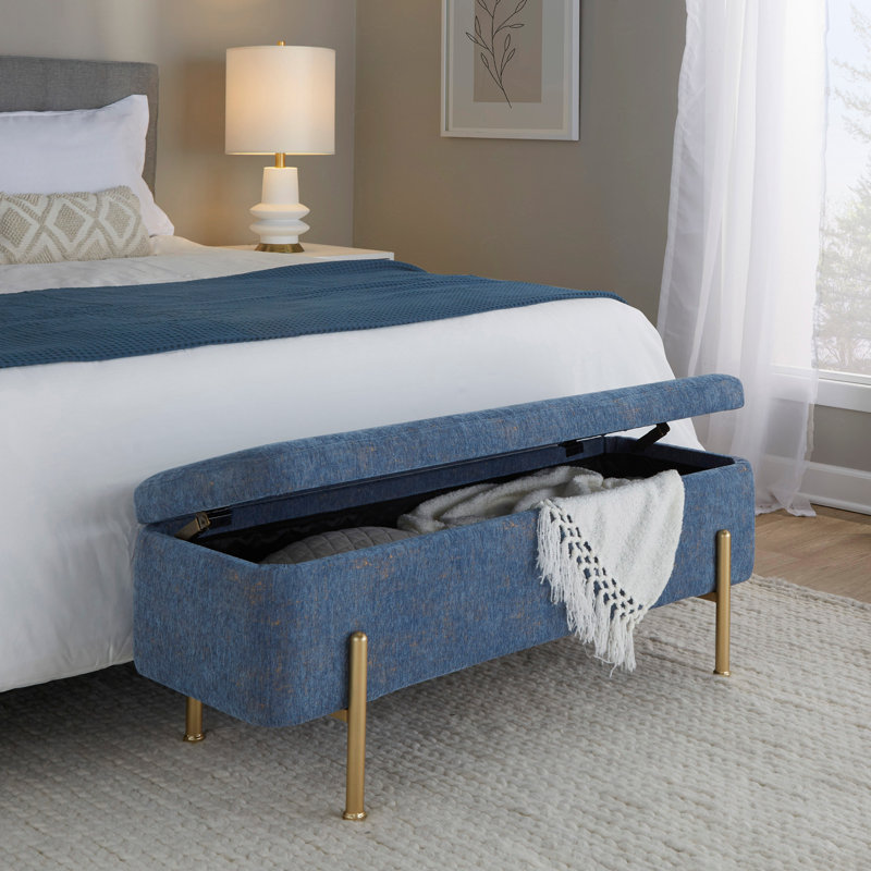 Contemporary Bench in Gold Metal and Blue Fabric