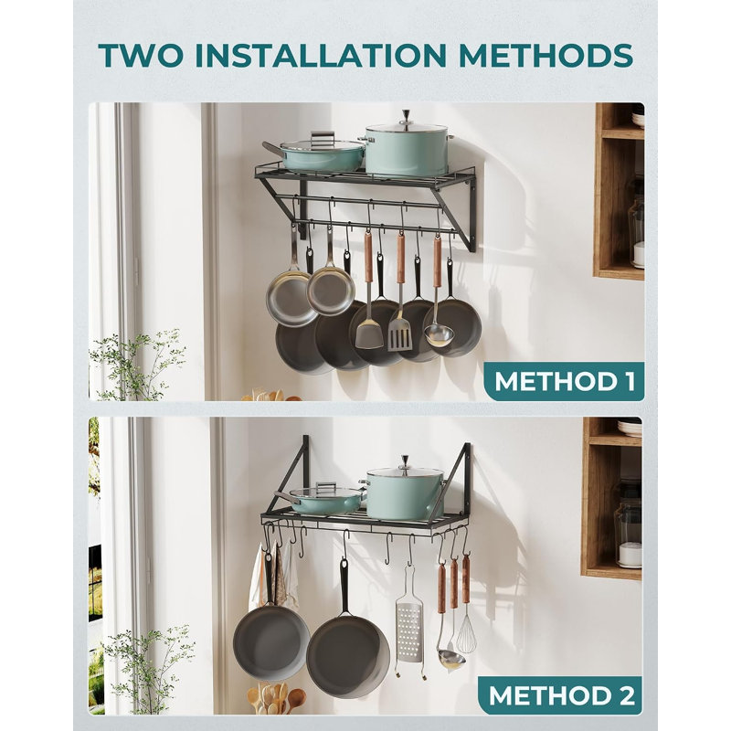 Support mural pour casseroles de 23 pouces, organisateur de casseroles avec 2 barres de suspension