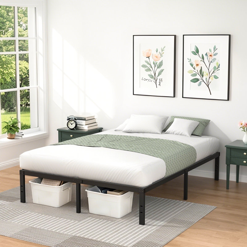  Turberville 16'' Black Metal Platform Bed Frame With 11-leg-support, No Box Spring Needed, Queen Size, 16", Queen