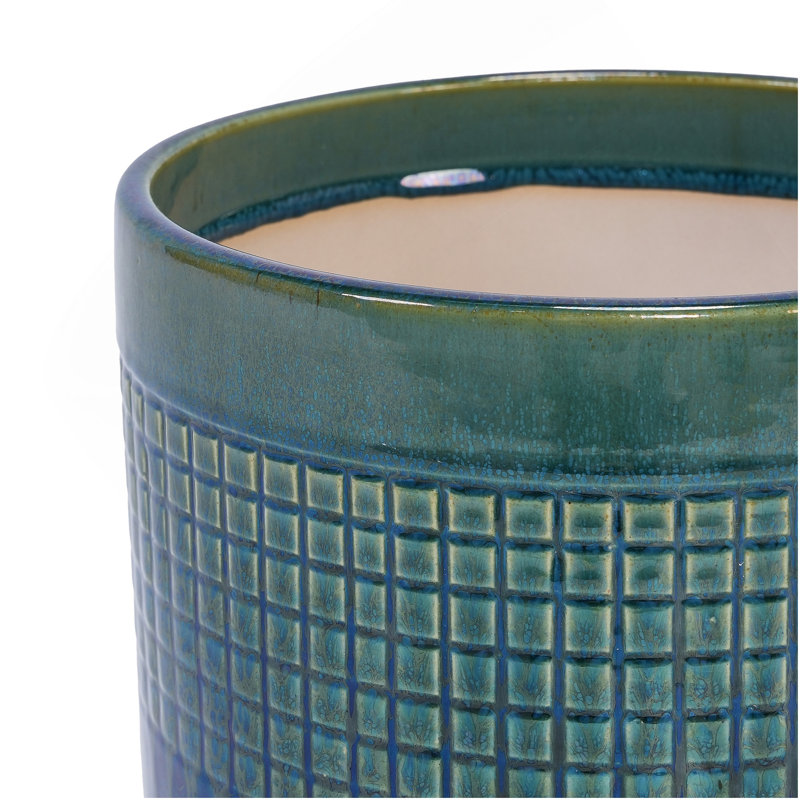 Of 3 Blue Grid Ceramic Flowerpots For Patio, Garden And Living Space - , Weather- Functional With Drainage Hole Glossy Finish Planters Room Heat- Built-In