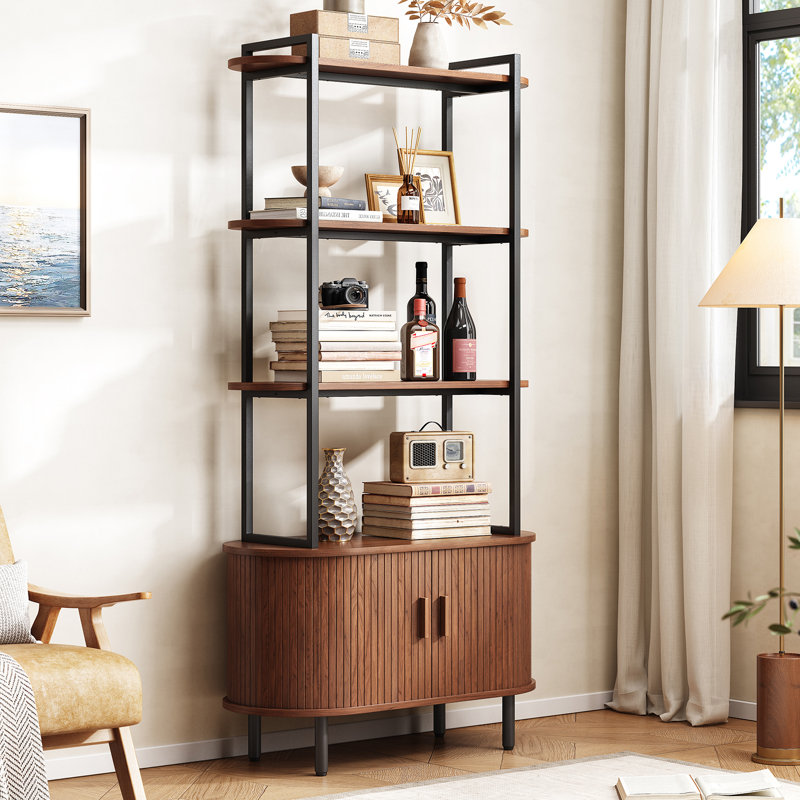71" Modern Bookcase, 4-Tier Book Shelf With Curved Storage Cabinet and Sliding Door For Living Room, Bedroom., Walnut/Black