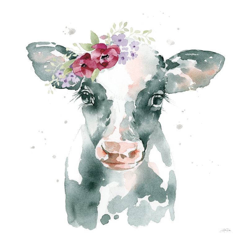 Floral Cow Pink Sq par - peinture sur toile tendue, H 30 po x l 30 po