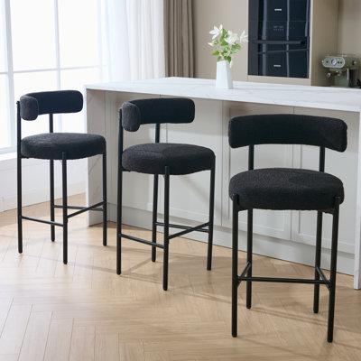 30" Bouclé Upholstered Bar Stool with Curved Low Back and Metal Frame