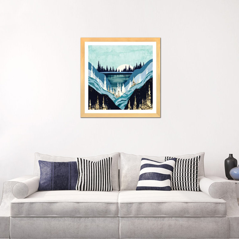 Blue Forest Lake - impression d'art graphique, H 24 po x l 24 po x p 1 po, Toile avec cadre en bois beige, Blanc