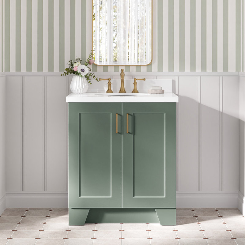 31 IN.  Single Bathroom Vanity, Oval, Vintage Green, White Quartz