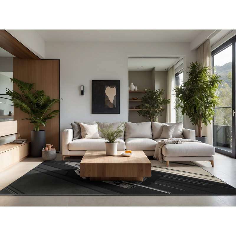 Soft Plush Eckman Main Battle Tank Sleek & Chic Modern Geometric Area Rug in Gray – Black Binding, 3x5