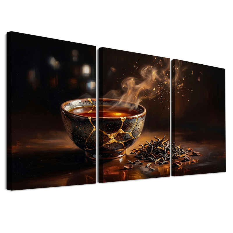 Ensemble de 3 bols à thé avec fissures dorées et feuilles volantes, H 36 po x l 24 po x 3 pièces