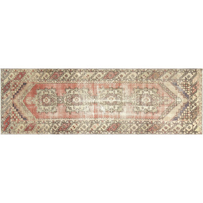 One-of-a-Kind Hand-Knotted 1960s 3' x 9'4" Runner Wool Area Rug in Red/Beige