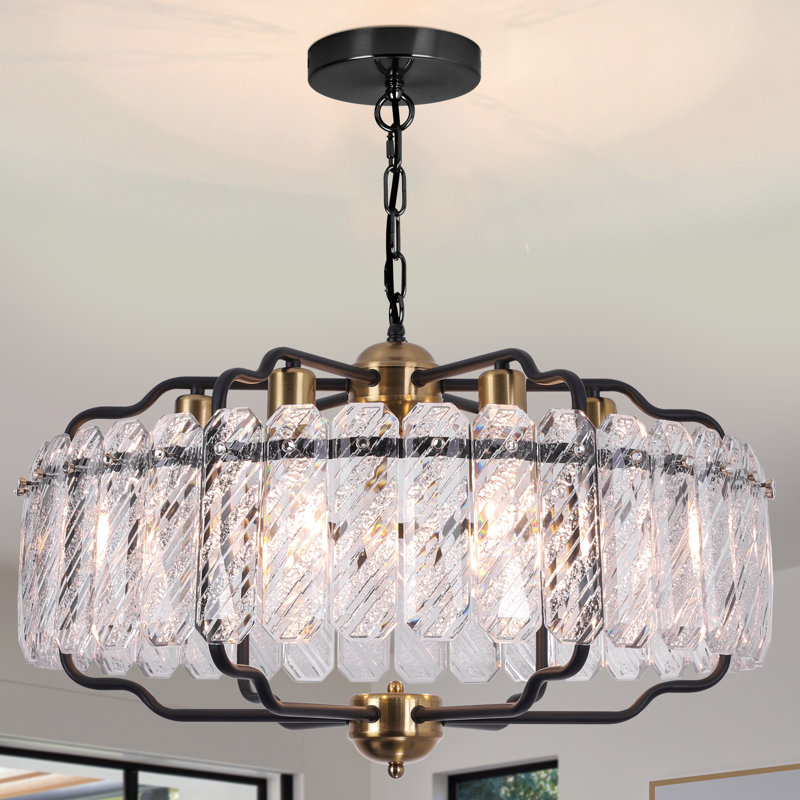24" Black & Gold Chandelier - Outer Frame Textured Crystal Border, New Pattern! Adjustable 6-Light For Sloped Ceilings