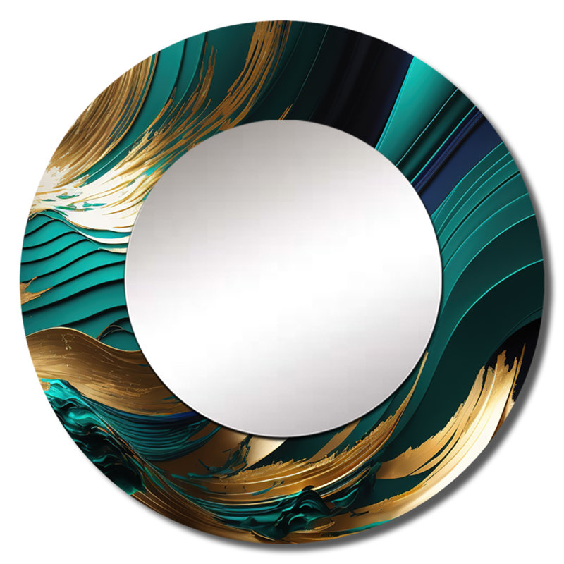 «Sileas» vert et or agate IV - grand miroir mural transitionnel, miroir rond unique moderne, art imprimé en métal