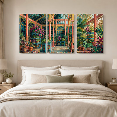 Tropical Plants in Victorian Greenhouse Set Of 3 Canvas Wall Art