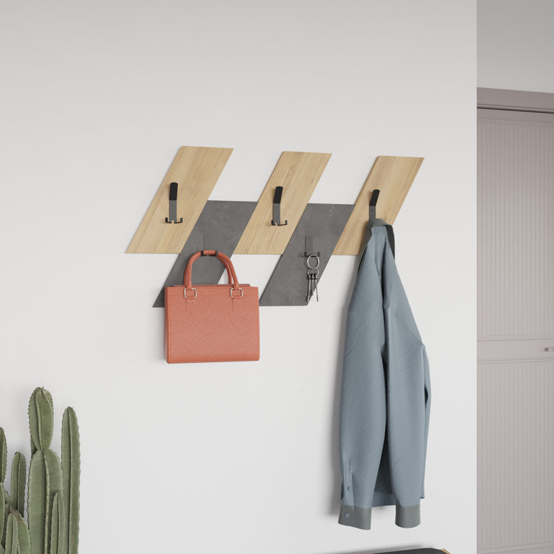 Ylve 5-Hook Wall Mounted Coat Rack with Hanger Storage, Sapphire Oak/Retro Grey