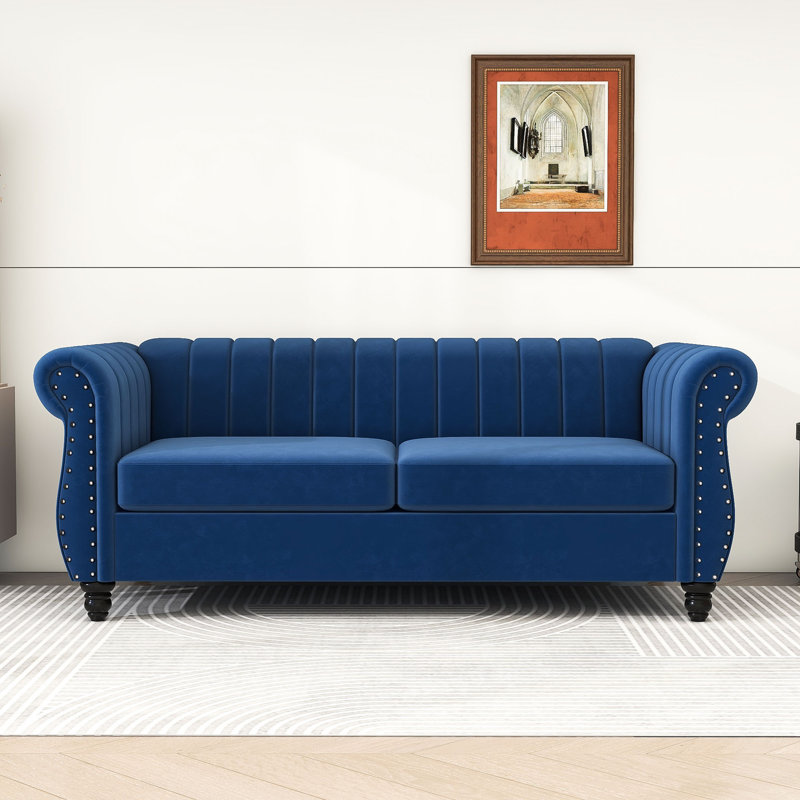 Causeuse avec accoudoirs roulés Hanschen, Polyester bleu, H 31,5 po x l 82,5 po x P 36 po