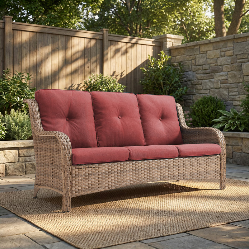 Carolina 75'' Wide Straight Wicker Patio Sofa with Cushions, Yellow, Red