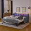 Canapé-lit simple rembourré avec trois lumières à DEL, avec tête de lit réglable avec rangement, lit gigogne escamotable et base de chargement sans fil, cadre de canapé-lit rembourré en lin-1087956259