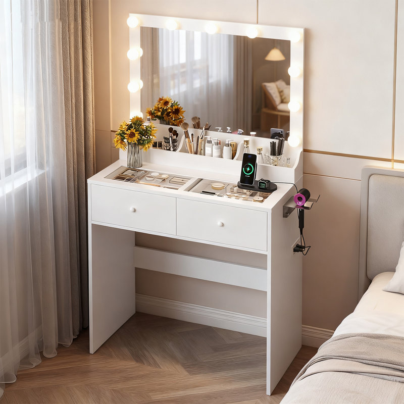 Vanity Desk with 3-Color Lights - Glass Top, 2 Drawers & Power Strip, White
