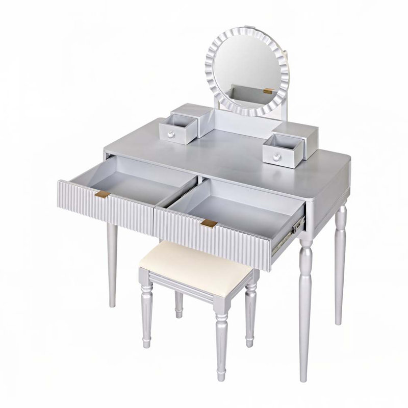 Height-Adjustable Vanity Desk with Round Mirror and Multiple Drawers for Organized Storage, Silver
