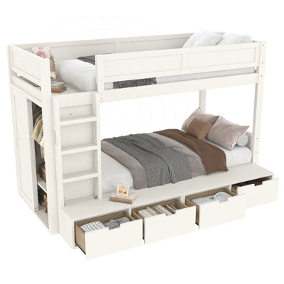 Lit superposé simple au-dessus de simple avec garde-robe et 4 tiroirs de rangement