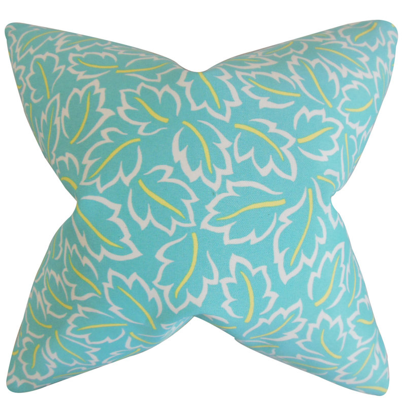Coussin en coton de feuillage Kateri, 24 po x 24 po, Turquoise