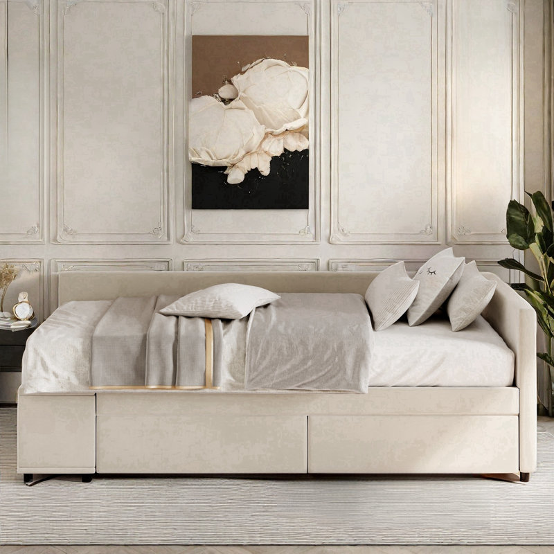 L-shaped Velvet Upholstered Platform Bed With Built-in Side Storage And 2 Drawers, Beige
