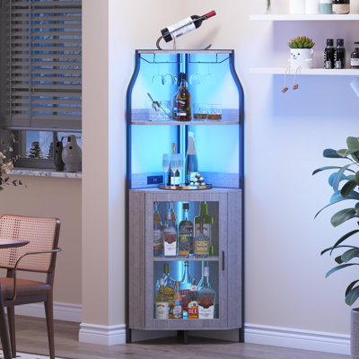 Corner Bar Cabinet with Doors, 5-Tier Industrial Liquor & Wine Cabinet, Modern Furniture with Adjustable Shelves