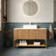 Armoire de salle de bain autoportante avec 3 portes et tablettes ouvertes